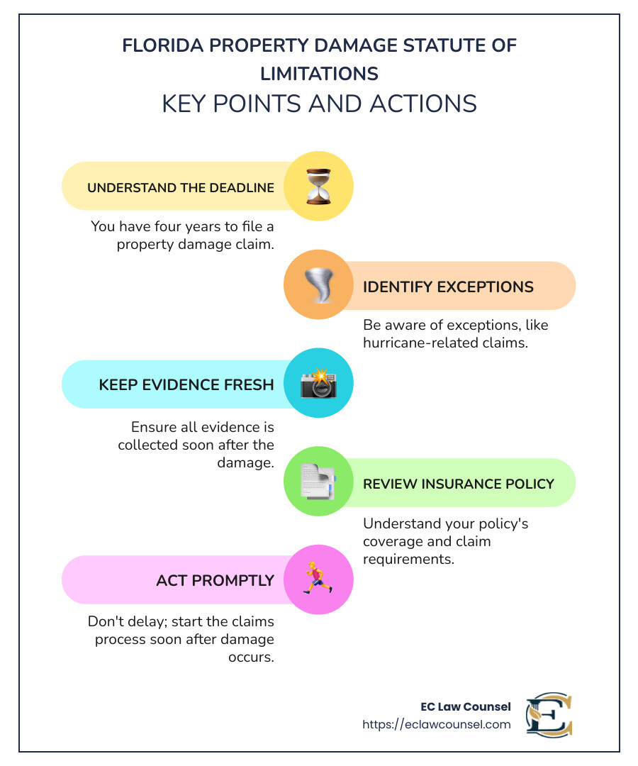 Infographic describing the Florida property damage statute of limitations, highlighting the general four-year limit for claims, exceptions such as hurricane-related deadlines, and the importance of prompt action. - florida property damage statute of limitations infographic infographic-line-5-steps-colors