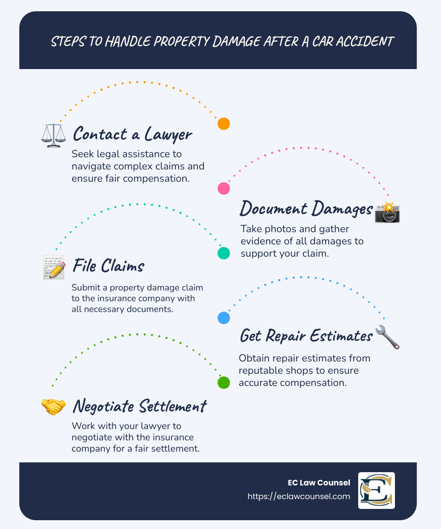 Infographic showing steps to handle property damage after a car accident, including contacting a lawyer, documenting damages, and filing claims - car accident lawyer property damage infographic infographic-line-5-steps-blues-accent_colors Infographic showing steps to handle property damage after a car accident, including contacting a lawyer, documenting damages, and filing claims - car accident lawyer property damage infographic infographic-line-5-steps-blues-accent_colors